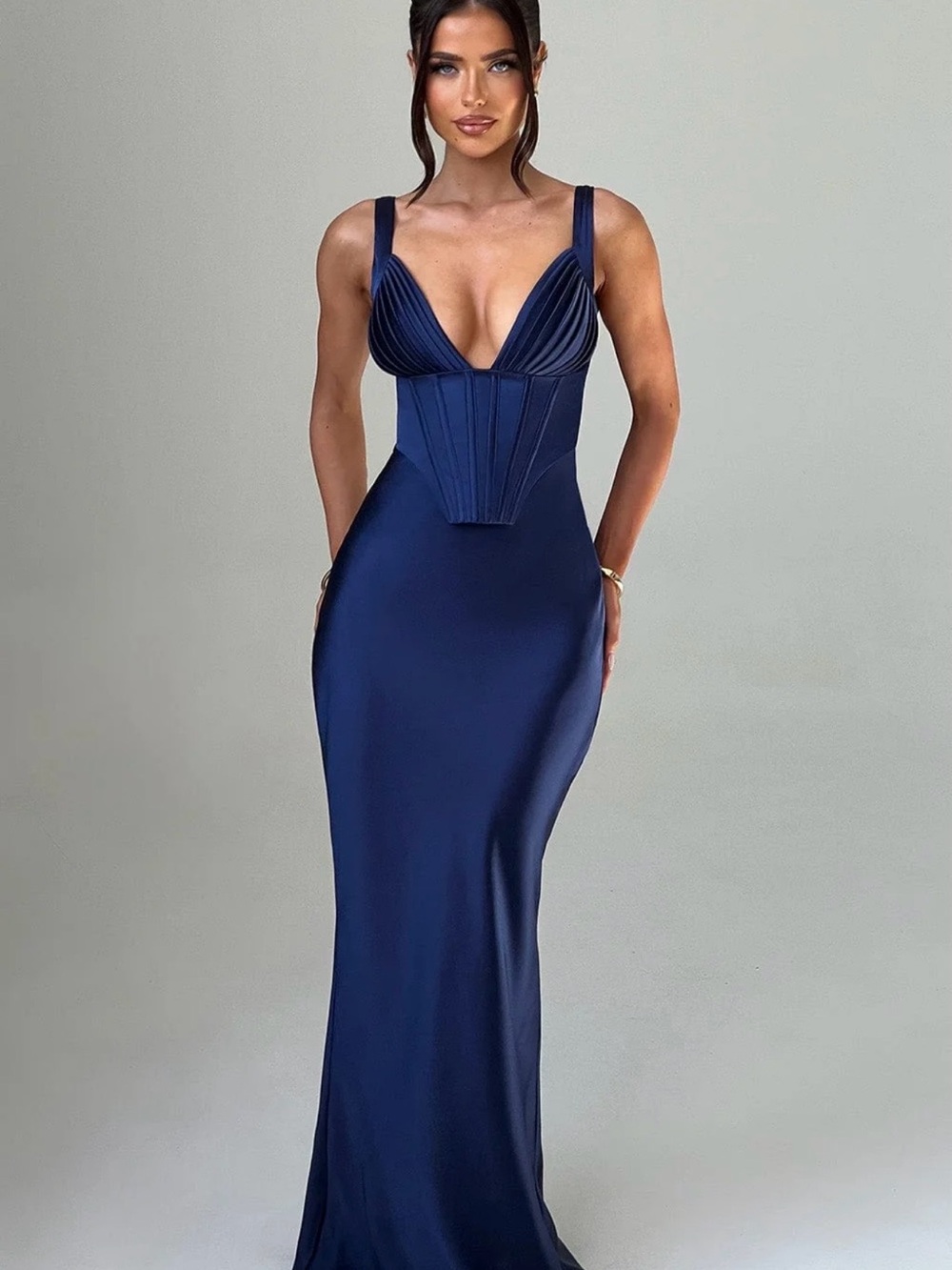 Navy Corset-Detail Maxi Dress with Sculpted Bodice Babyboo
